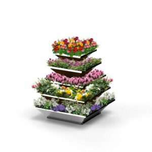Der Hochbeet „HighBeet Rock“ 5 Ebenen bereichert Ihren Balkon mit seiner gestuften, pyramidenartigen Struktur und zeigt leuchtend rote, gelbe, rosa und weiße Blüten vor einem schlichten weißen Hintergrund.