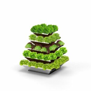 Der „Hochbeet ‚HighBeet Rock‘ 5 Ebenen“ ist ein pyramidenförmiger vertikaler Garten mit fünf Ebenen üppiger grüner und burgunderfarbener Pflanzen, ideal für einen Hochbeet-Balkon vor einem strahlend weißen Hintergrund.