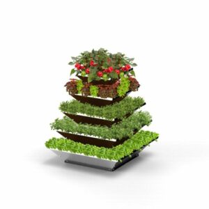Der Hochbeet „HighBeet Rock“ 5 Ebenen ist ein pyramidenförmiger Pflanzkübel, der sich ideal für den Balkon eignet und üppiges Blattgrün und leuchtend rote Pflanzen aufweist, die über mehrere Ebenen herabhängen.