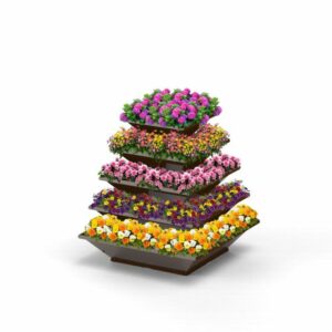 Der Hochbeet „HighBeet Rock“ besticht durch eine fünfstufige Blütenpracht in leuchtenden Farben: Rosa und Lila oben, darunter Rosa, Rot, Orange und Gelb. Dieses Arrangement eignet sich ideal für jeden Balkon vor einem makellos weißen Hintergrund.