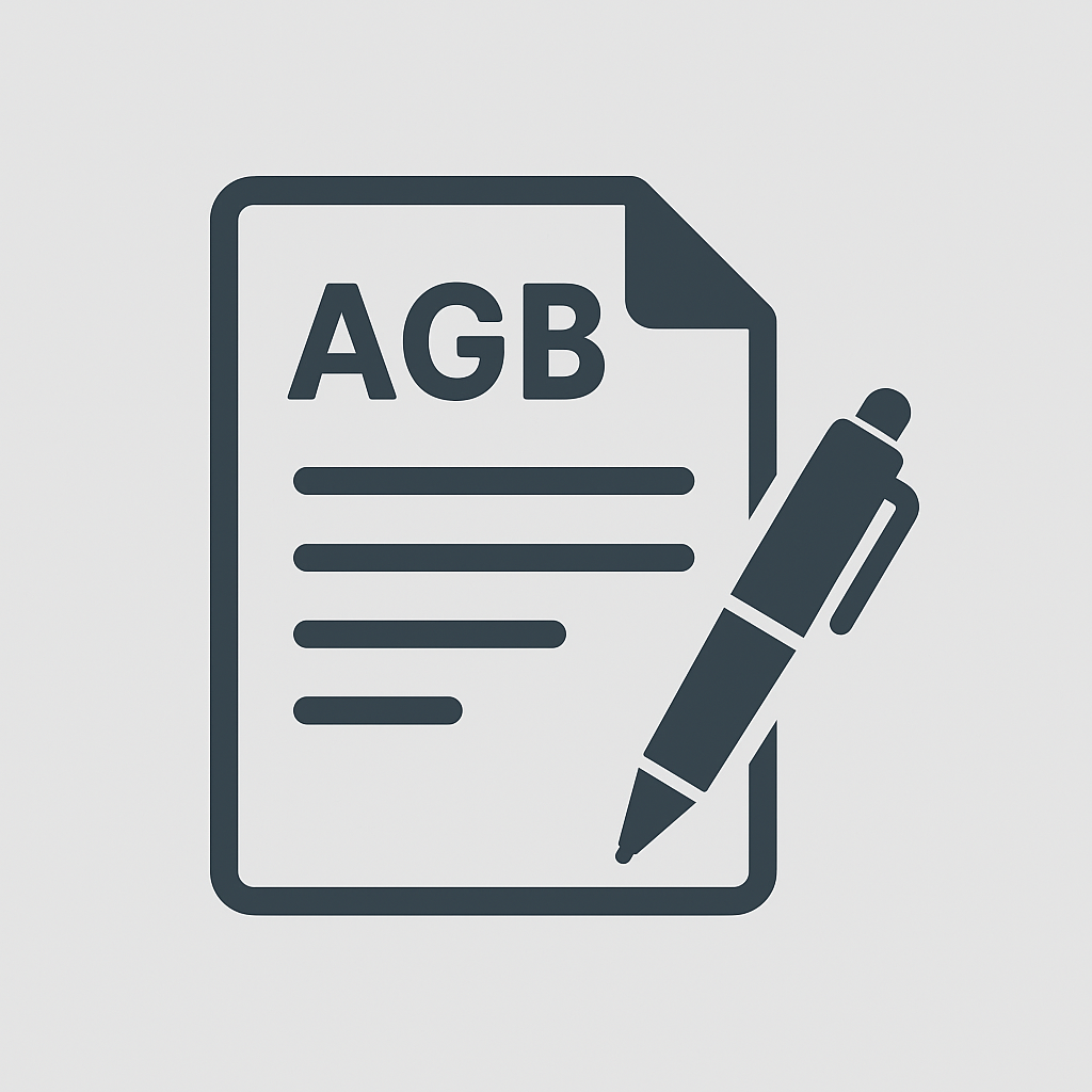 Symbol eines Vertragsdokuments mit der Bezeichnung „AGB“ mit horizontalen Linien, die Text darstellen. Ein Stift liegt diagonal über dem Dokument und suggeriert eine Unterschrift oder Bearbeitung, beispielsweise zur Bestätigung einer Bestellung. Das Design ist schlicht mit dunkler Farbe auf hellem Hintergrund.